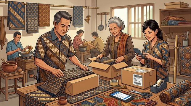 AI generated illustration of Indonesian artisans packing traditional batik textiles into shipping boxes in a workshop, digital commerce small business concept with warm lighting.