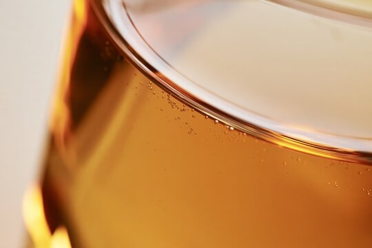 Close-up of a transparent glass filled with golden liquid for beverage advertising