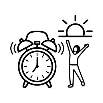 Black and white minimal icon showing an alarm clock and active person symbolizing limiting daytime naps for better night sleep. 