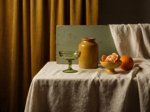 Still life with ceramic jar, eggs, and glassware on fabric-covered surface