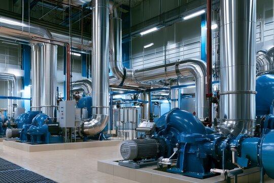Pipes and machinery inside a large industrial facility in a manufacturing area