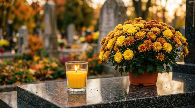 Memorial candle and chrysanthemum flowers on a granite grave in a cemetery