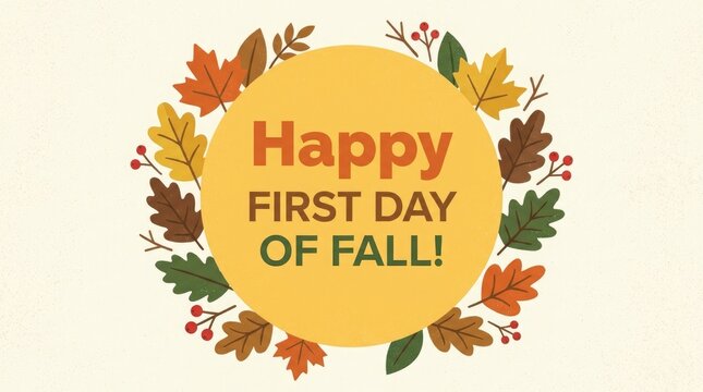 Happy first day of fall seasonal greeting card with autumn leaves wreath