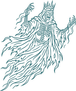 Floating Skeletal Phantom Ragged Tattered Cloak Crown Ghost King Silhouette Vector Line Art