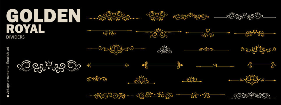 Golden vintage chapter divider set with elegant scrolls, delicate curves and ornamental flourishes on black for books, wedding invitations, menus and certificates.