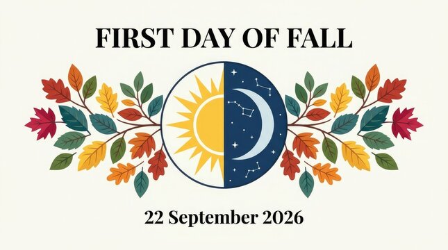 First day of fall autumn equinox illustration with sun and moon isolated on white background