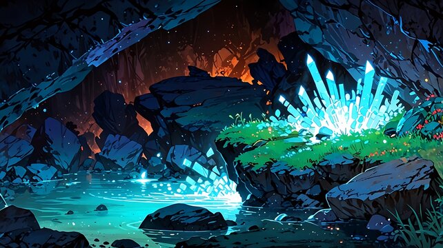 Hidden hot spring cave with glowing crystals, anime style 