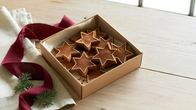 Christmas star gingerbread cookies in a kraft gift box