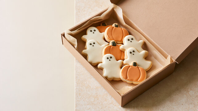 Halloween ghost and pumpkin cookies in a kraft bakery box