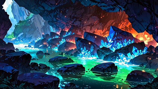 Hidden hot spring cave with glowing crystals, anime style 