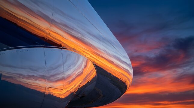 Dramatic sunset sky reflecting on polished metallic aircraft fuselage