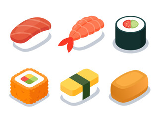 Six brightly colored isometric vector illustrations beautifully showcase traditional Japanese sushi, featuring salmon and shrimp nigiri, a classic tamago slice, and tightly wrapped seaweed maki rolls © Skyframe