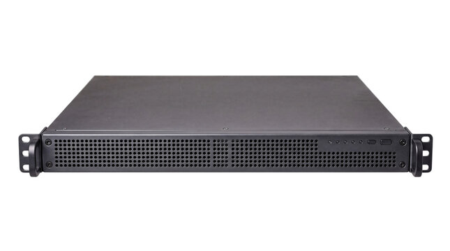 Black rackmount server unit with perforated front png isolated on transparent background