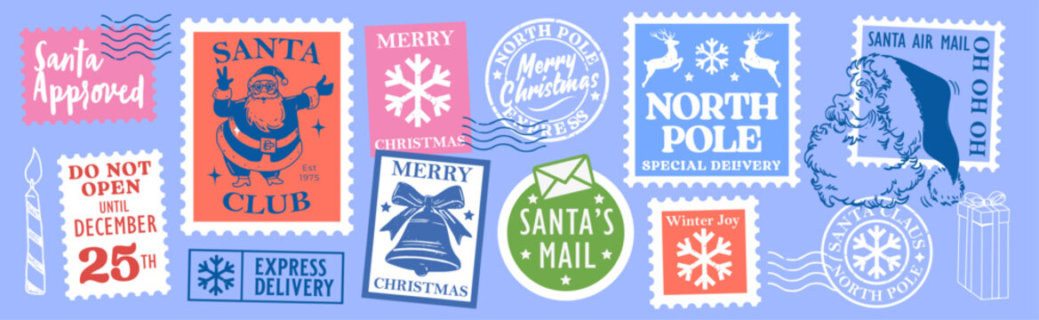 Vintage Christmas postage stamp collection featuring Santa Claus, reindeer, North Pole mail, snowflakes, bells and festive holiday delivery designs.