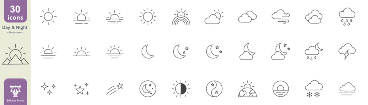 Day and night weather line icons featuring sun, moon, stars, clouds, rain, snow, rainbow and sky symbols  editable stroke