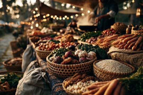 Sunlit CSA market featuring fresh produce in woven baskets, cooking steam. Golden hour light, earthy tones, and bokeh pathway copy space. Perfect for sustainability posters and eco advertising.