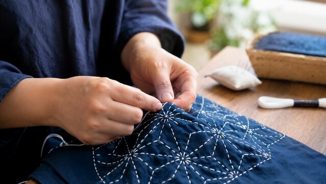 Hands sewing white geometric sashiko pattern on indigo fabric. Traditional Japanese embroidery craft project on wooden table