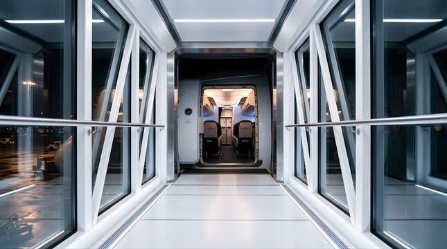 Modern airplane jet bridge corridor leading to passenger aircraft interior