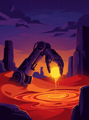 Naklejka premium Futuristic Robot Exploring Alien Desert Landscape at Sunset
