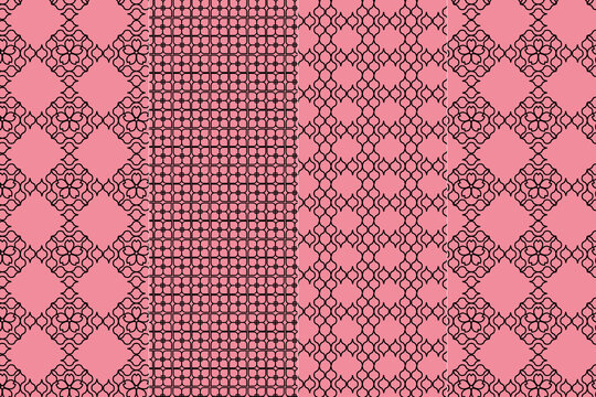 Seamless abstract geometric pattern with intricate black lines on a pink background