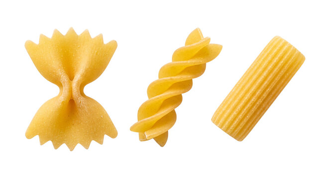 Close-up of three dry italian pasta shapes on png isolated on transparent background