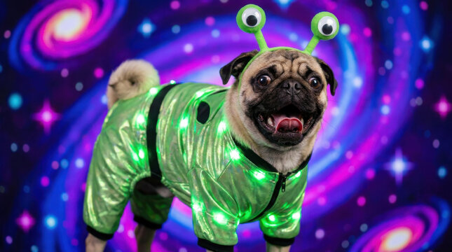 Pug dog in alien costume glowing