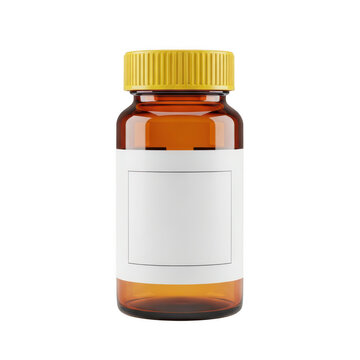 Amber glass medicine bottle with yellow cap and blank label isolated on transparent background