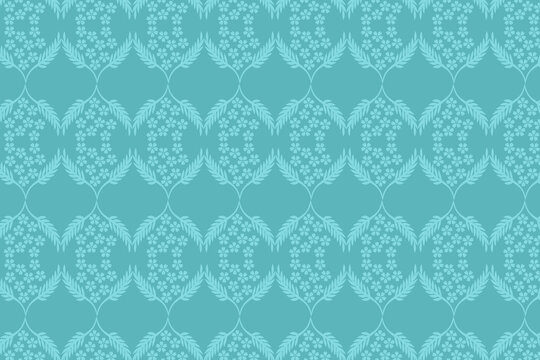 Seamless repeating pattern with ornate damask style motifs in soft teal blue
