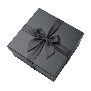 Elegant black gift box with a silk ribbon bow isolated on transparent background