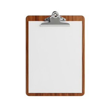 Wooden clipboard with blank white paper sheet isolated on white background