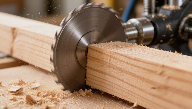 Industrial woodworking and carpentry concept, a powerful circular saw cutting a wooden beam in a workshop, emphasizing timber processing, sawmill machinery, and mechanical construction