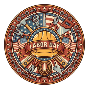 Labor day badge with construction tools and american flag design