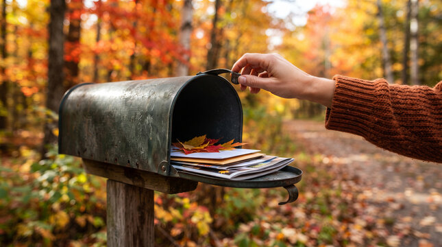 Woman hand opening mailbox full of letters and autumn leaves in colorful fall forest. Mail correspondence and communication concept. Autumn season atmosphere for postcard and invitation design