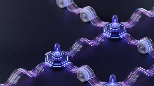Futuristic glowing purple energy conduits connecting hexagonal nodes technology power