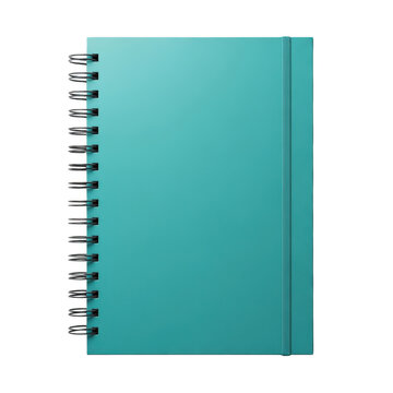 Cyan spiral notebook with elastic band closure isolated on transparent background
