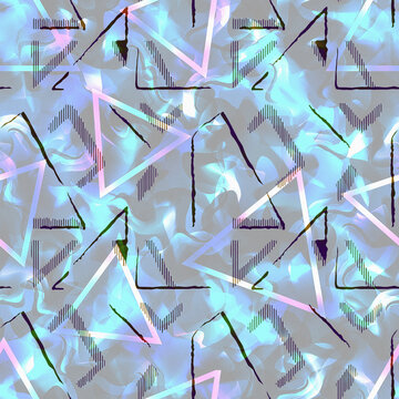 Abstract geometric pattern with blue neon triangles and sketched lines on a textured gray background modern design digital art neon colors