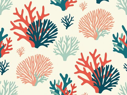 Colorful coral reef pattern with various sea plants and aquatic organic shapes