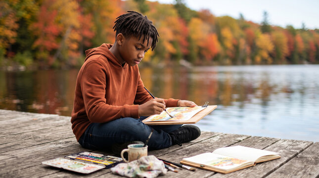 Teenage boy painting with watercolor on wooden pier by autumn lake. African american kid drawing outdoors among colorful fall foliage. Creative hobby, art education and childhood inspiration concept