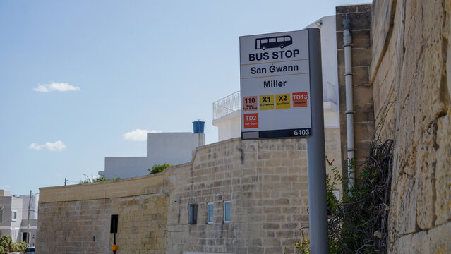 San Gwann, Malta - Oct 3, 2024: Malta public transport bus stop sign for Miller, San Gwann. Showing available bus lines 