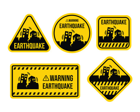 Earthquake banner with black and yellow cracks and tremors occurred in the building sign vector set design