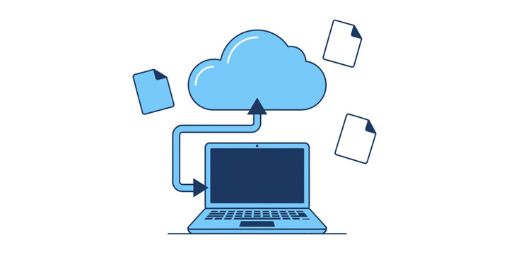 Laptop connected to cloud storage for digital file management with data synchron
