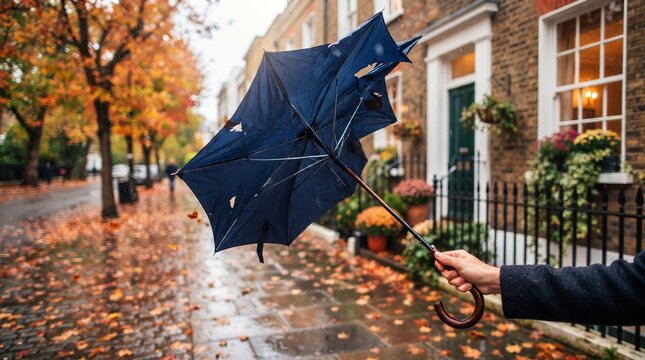 Man holding broken umbrella in strong wind on rainy autumn street. Stormy weather with fallen leaves and old brick houses. Bad weather, wind and rain concept for autumn season