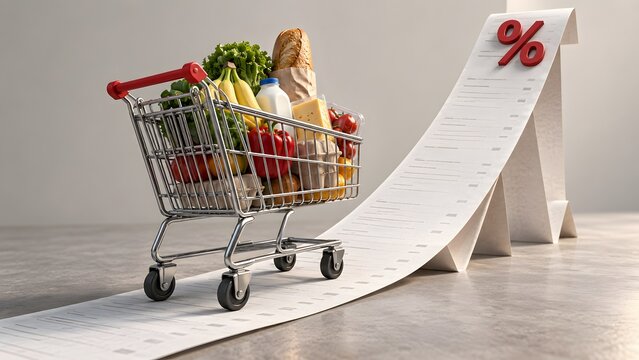 Shopping Cart Full of Groceries with Long Receipt Forming an Upward Graph and Percentage Sign Representing Rising Food Costs and Inflation