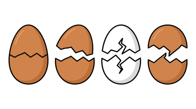 Brown and white organic chicken eggs shown in various stages of cracking using simple flat vector art design styles today