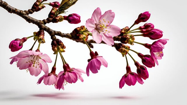 Pink cherry blossom branch with buds opening on a white background, spring nature beauty, gentle floral detail