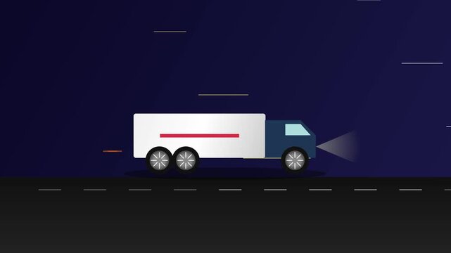 Fast delivery cargo truck driving on a highway at night in a flat vector style representing global logistics and shipping services