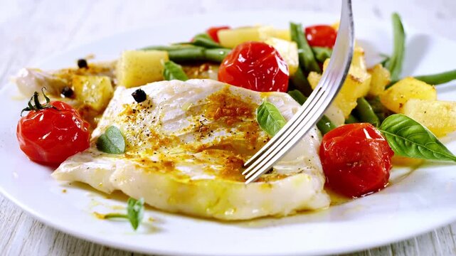 Baked White Fish Fillet with Roasted Tomatoes Vegetables and Fork Piercing Flesh