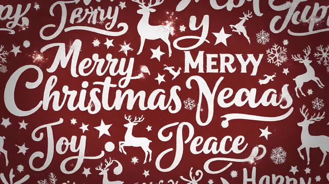 Animated Christmas text pattern with greetings joy peace snowflakes deer, festive motion graphic