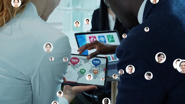 Business settings and multinational people. Global, business, management, human resources, research, marketing, corporations