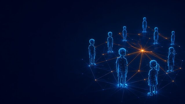 Abstract digital silhouette of children forming a circular connection network. every child matters with children connection silhouette community technology. every child matters